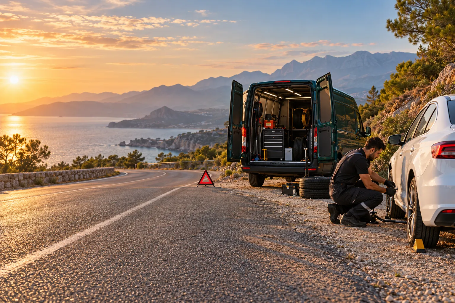 Mobil lastik servis aracını ve lastik müdahalesini temsil eden yapay zekâ görseli