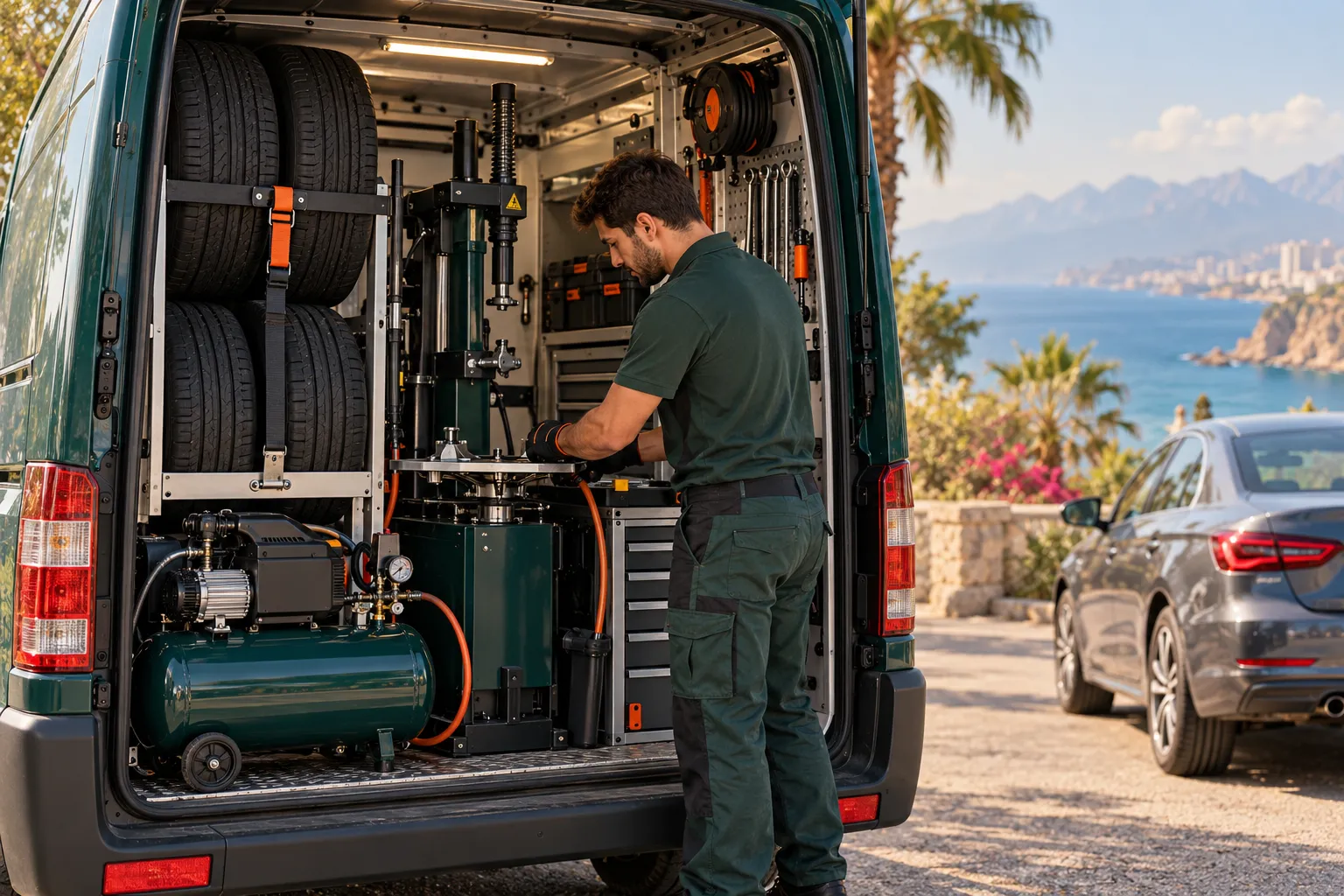 Mobil lastik servisi aracı ve ekipmanlarının temsili görünümü