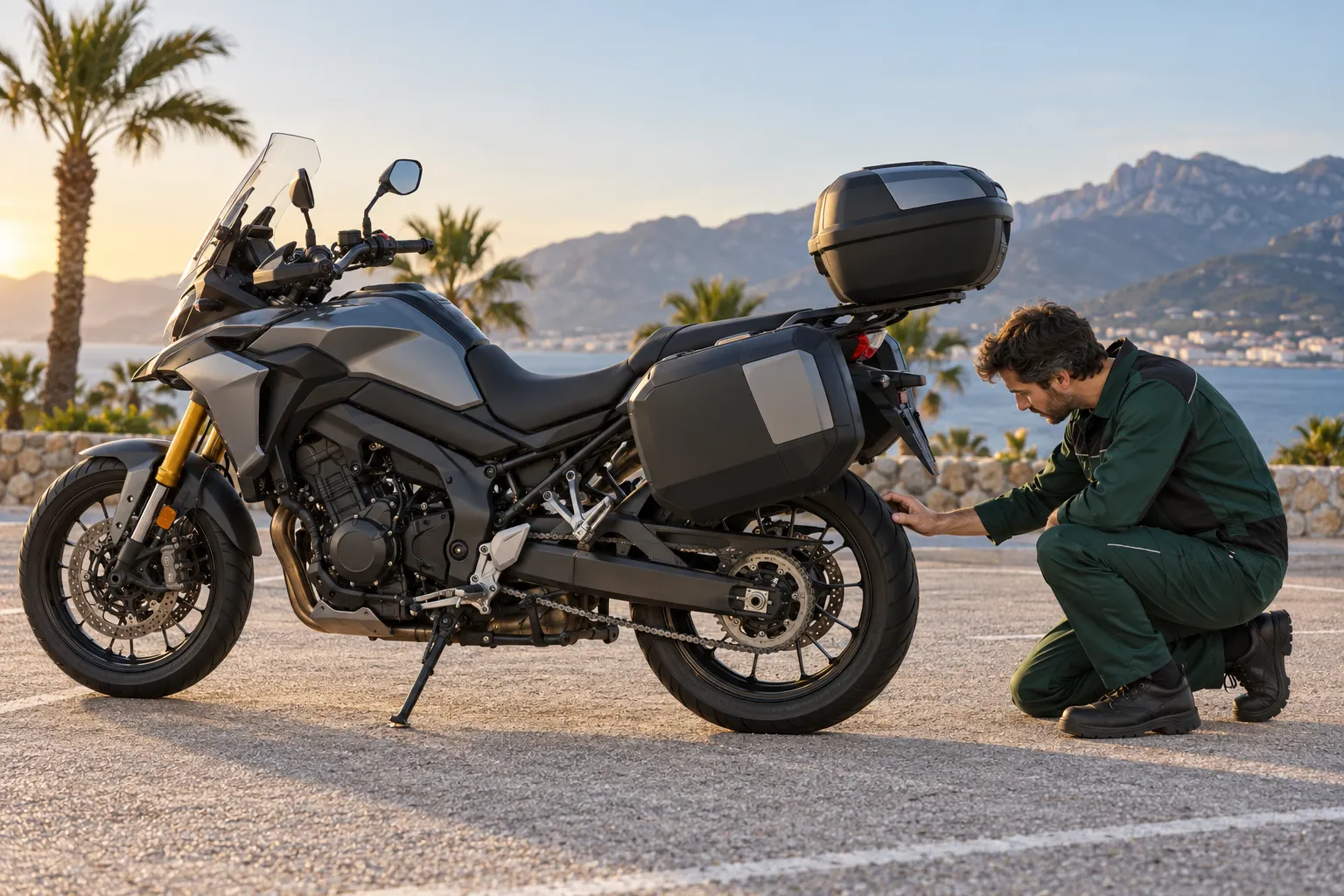 Motosiklet lastiğini inceleyen teknisyenin temsili görüntüsü